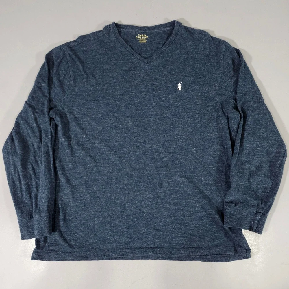 Polo Ralph Lauren T-Shirt Mens Large Blue Long Sleeve V-Neck Classic Fit Cotton